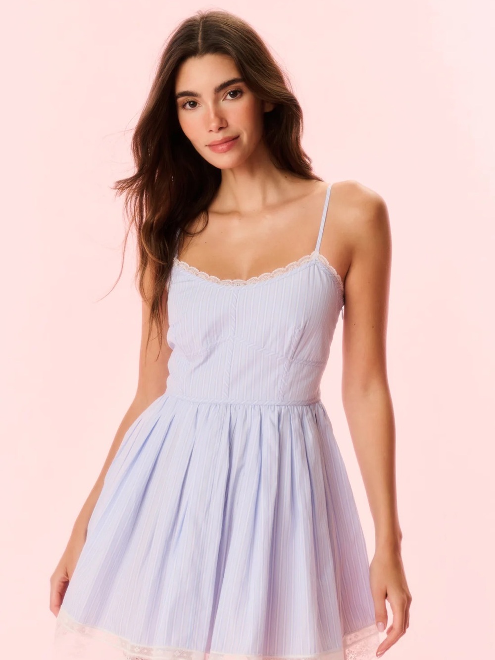 LoveShackFancy Harrisine Cotton Pinstripe Mini Dress - Sky Lagoon Light Blue